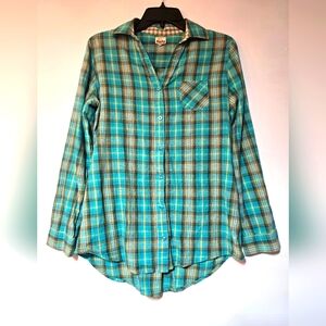 MUDD Plaid Button-Up Shirt. Teal/Yellow/Brown. Size M